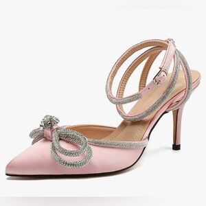 Elegant Park Crystal Double Bow Pointy Toe Ankle Strap Stiletto Blush Pink Heels
